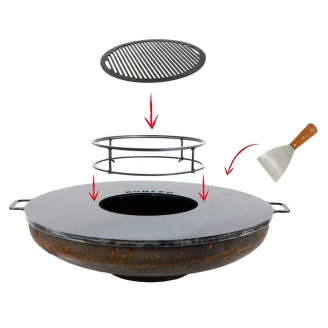 BonFeu Sæt med BonBowl Ildskål Cortenstål 80 cm, Plancha, Dobbelt Stålring, Rundt Grillrist & Stegespatel