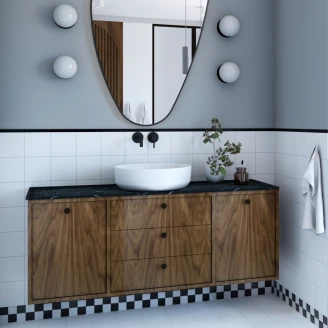 Servantskap <strong>Vinyl</strong>  Valnøtt 140 cm med Benkeplate Marmor Svart & Håndtaken Svart