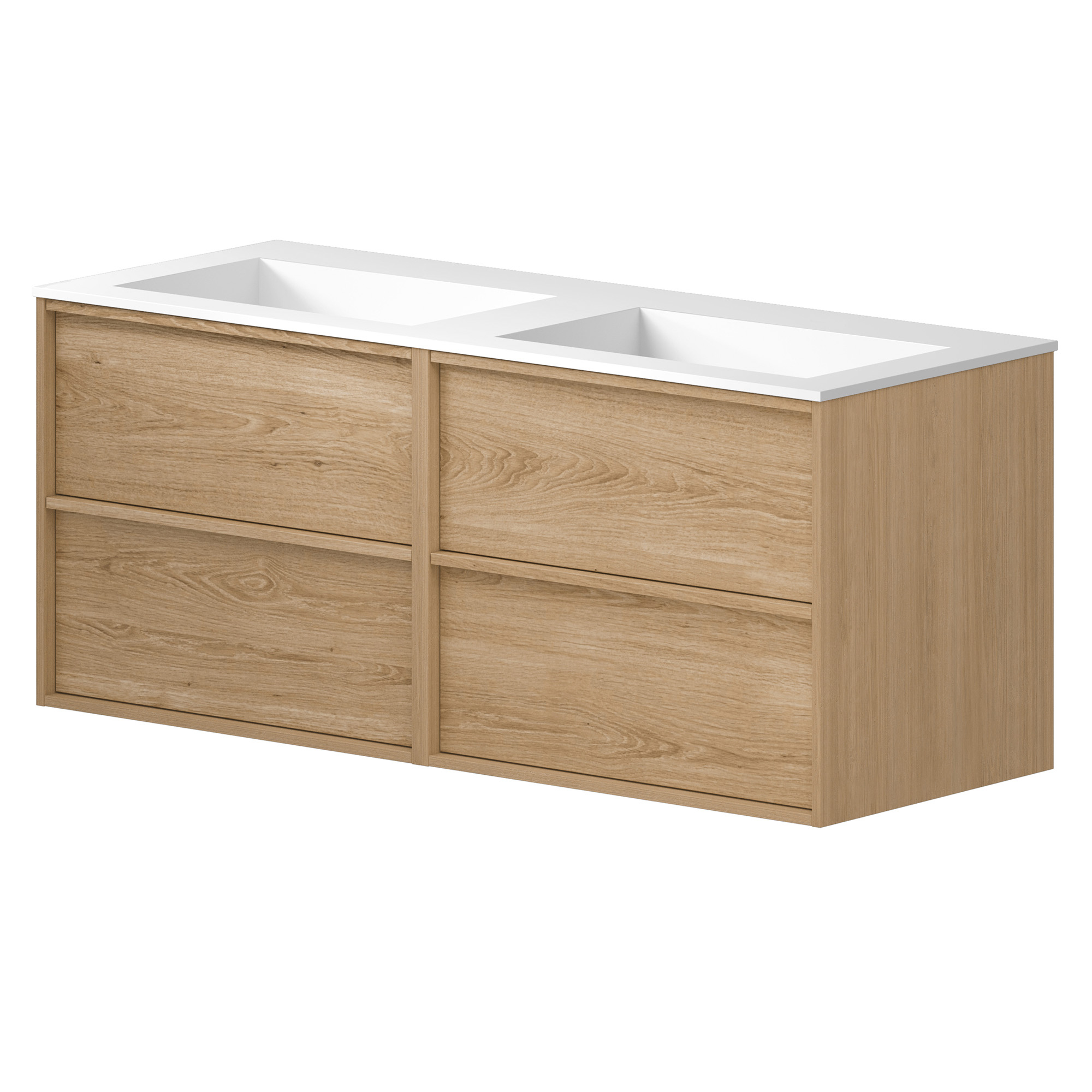 Dobbelt Servantskap Eikskär Eik Matt 120 cm med Corian Dobbelt Handfat Hvit Matt