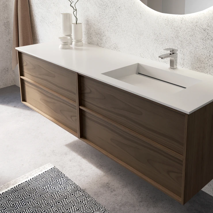 Dubbelt Servantskap Ekskär Valnøtt Matt 120 cm med Corian Servant Hvit Matt med Lådindelning & LED