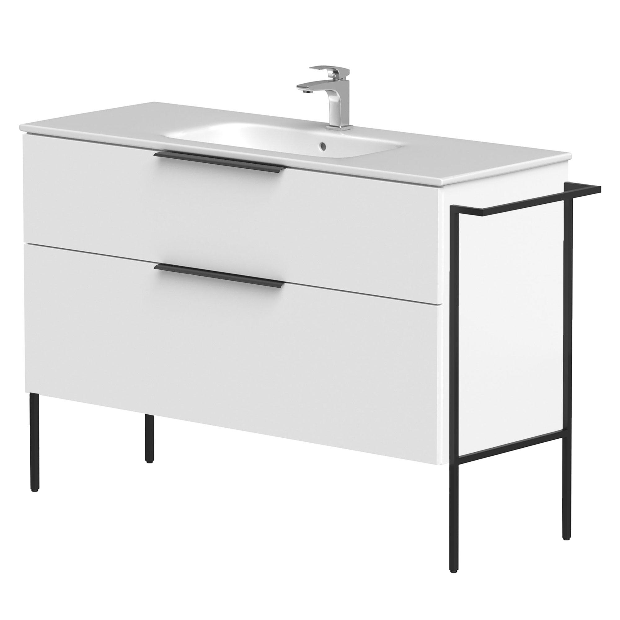 Servantskap Velira Hvit Matt 120 cm med Handfat Hvit, Håndtaken Svart & Ben