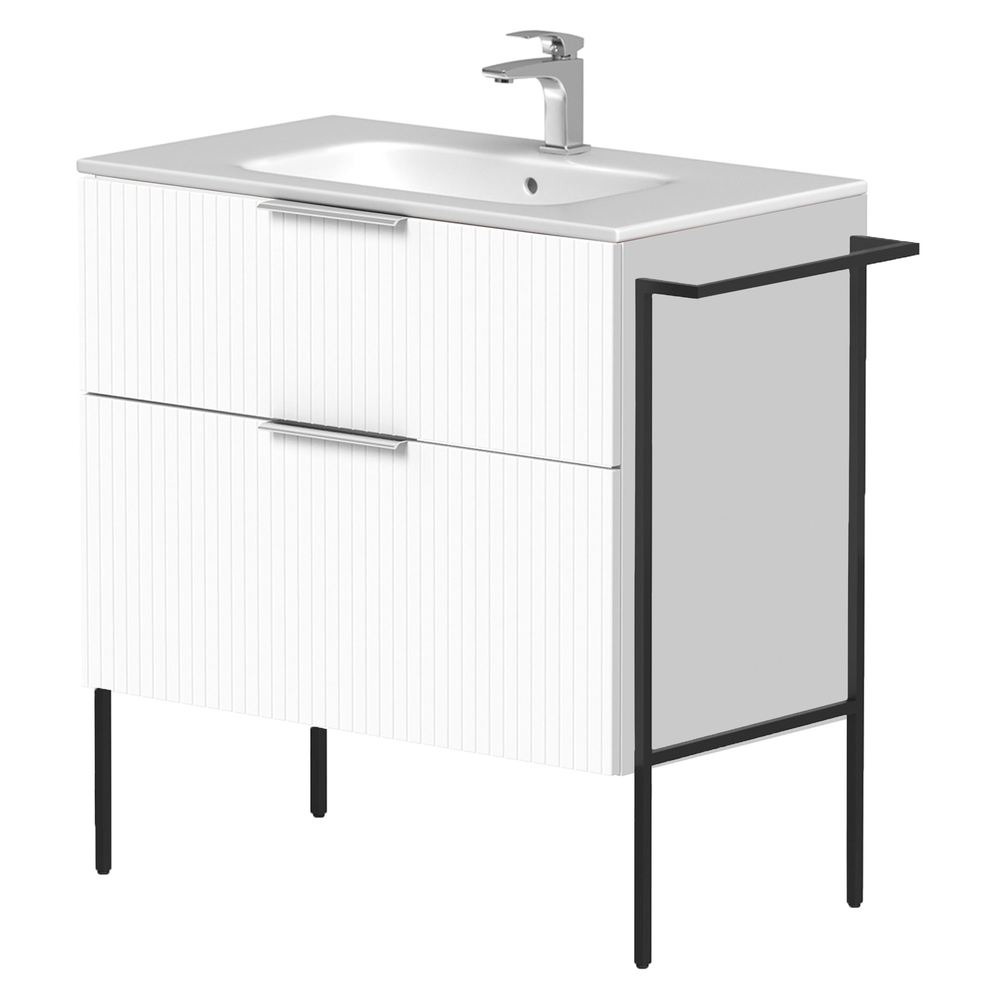 Servantskap Velira Hvit Riflet Matt 80 cm med Handfat Hvit, Håndtaken Krom & Ben