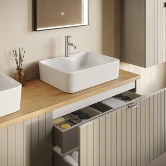 Servantskap Atria Beige Matt 60 cm med Benkeplate Eik Massiv UV-lakkert