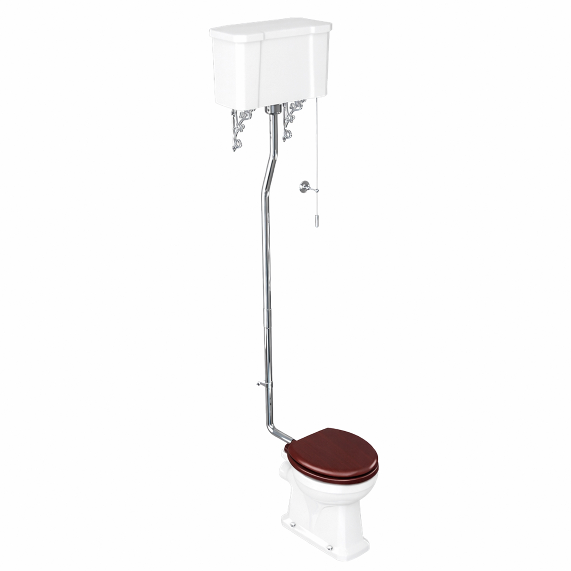 Burlington Gulvstående Høymontert Toalett med Veggcistern & Mykstengende Mahogany Blank Toalettsete