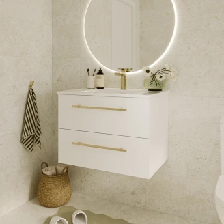 Servantsskåp <strong>Elara</strong>  Hvit Matt 70 cm med 2 Lådor & Handtagen Gull, Handfat