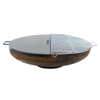 BBQ Sæt med Ildskål Cortenstål 120 cm, Halvrundt Grillrist & Halvrund Plancha