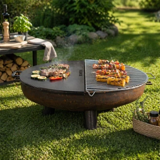 BonFeu Sæt med BonBowl Plus Ildskål Cortenstål 80 cm, Halvrundt Grillrist & Halvrund Plancha
