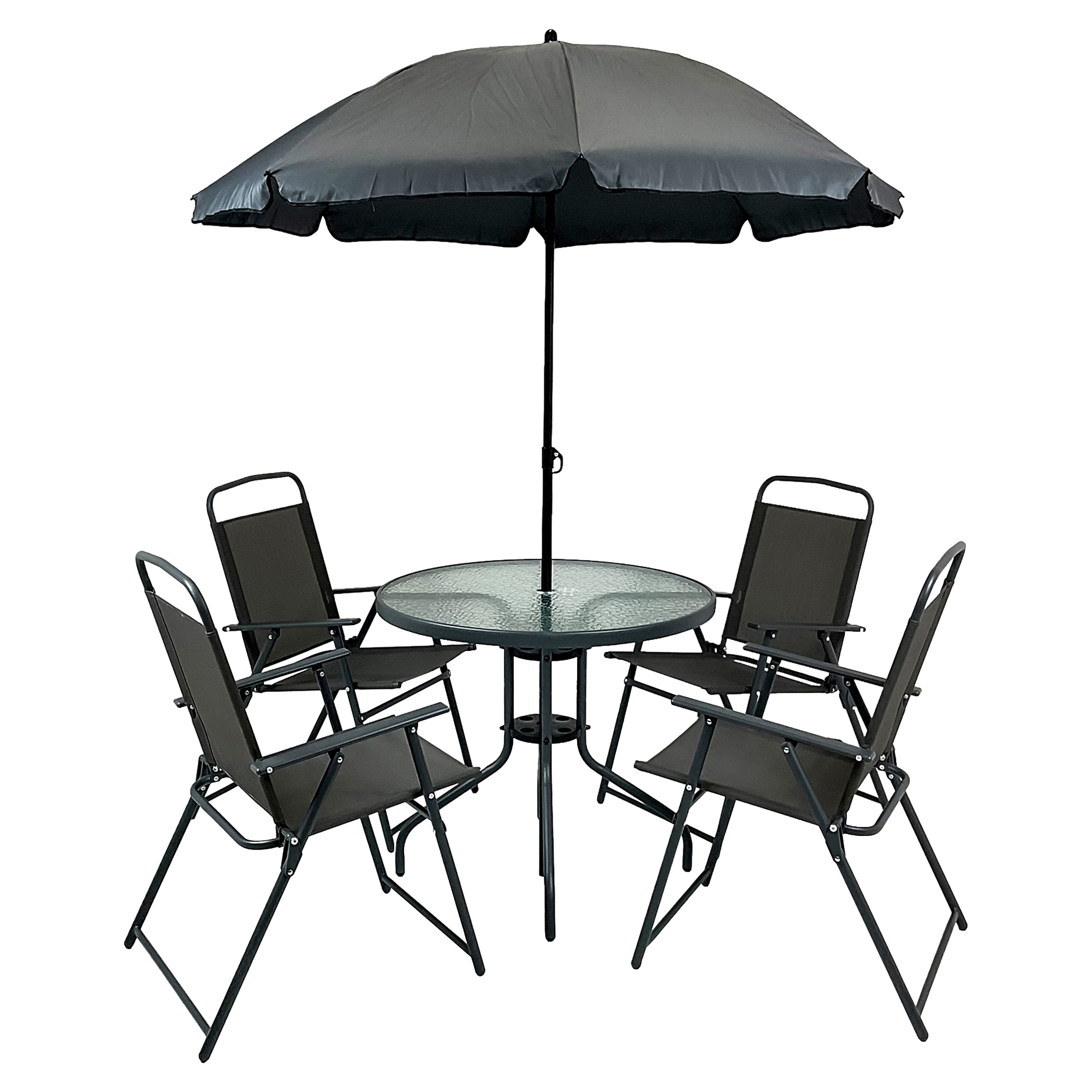 Cafesett Utendørs med Bord Ø 80 cm, 4 Stoler & Hageparasoll Brasa Svart