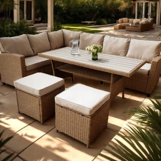 Hagesett med Hjørnesofa, Bord & 2 Puffer <strong>Ulven</strong>  Beige