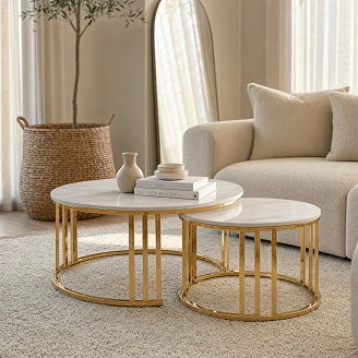 Sæt med Sofaborde Ø80 & Ø60 cm <strong>Relon</strong>  Hvid Marmor, Guld