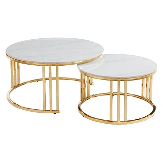 Sæt med Sofaborde Ø80 & Ø60 cm <strong>Relon</strong>  Hvid Marmor, Guld