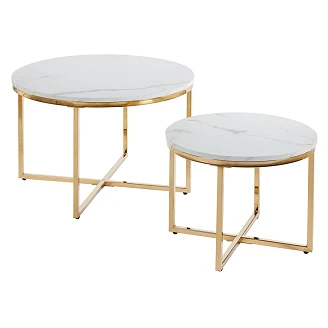 Sæt med Sofaborde Ø70 & Ø50 cm <strong>Relon</strong>  Hvid Marmor, Guld