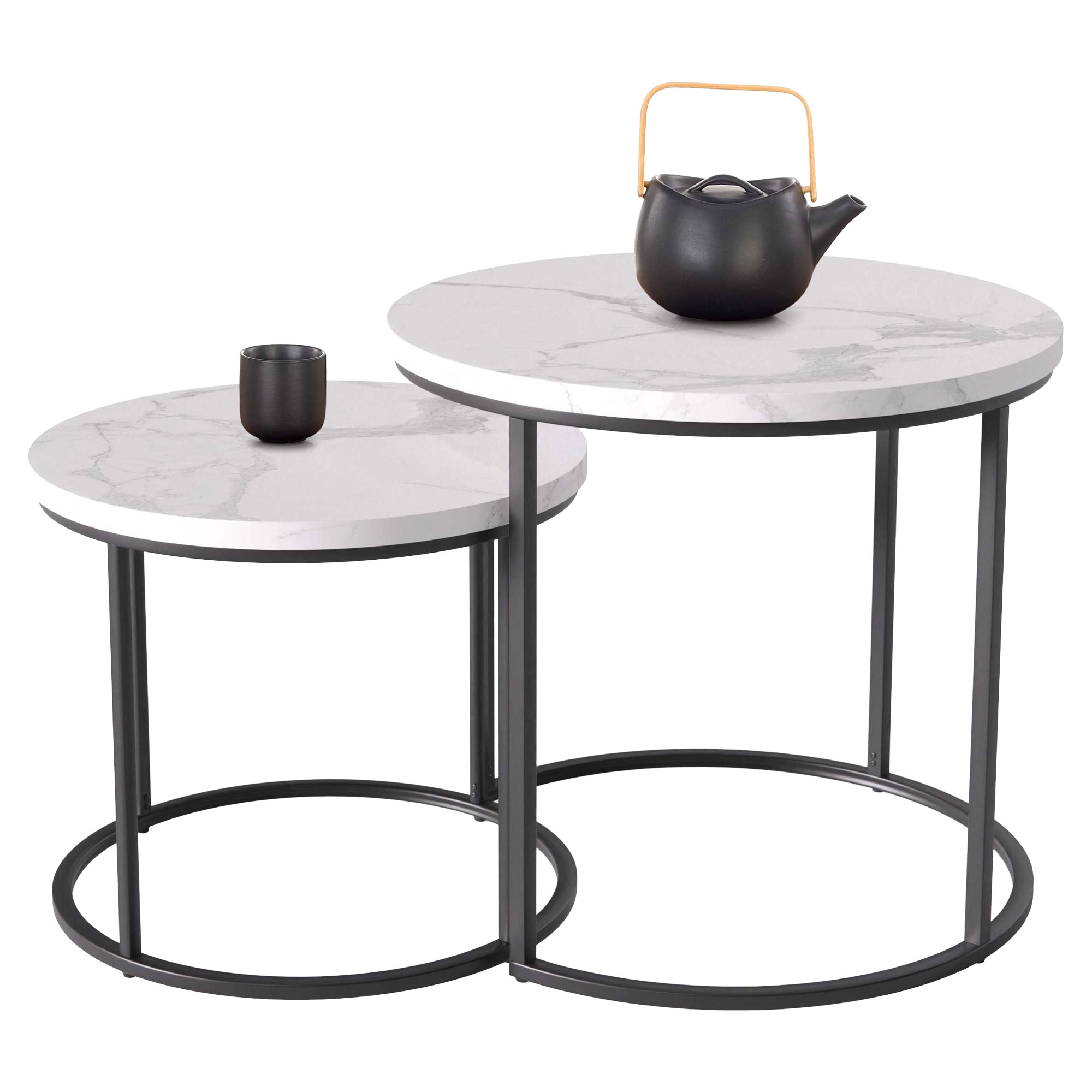 Sett med Sofabord Borvix Ø43 & Ø53 cm Hvit Marmor, Svart