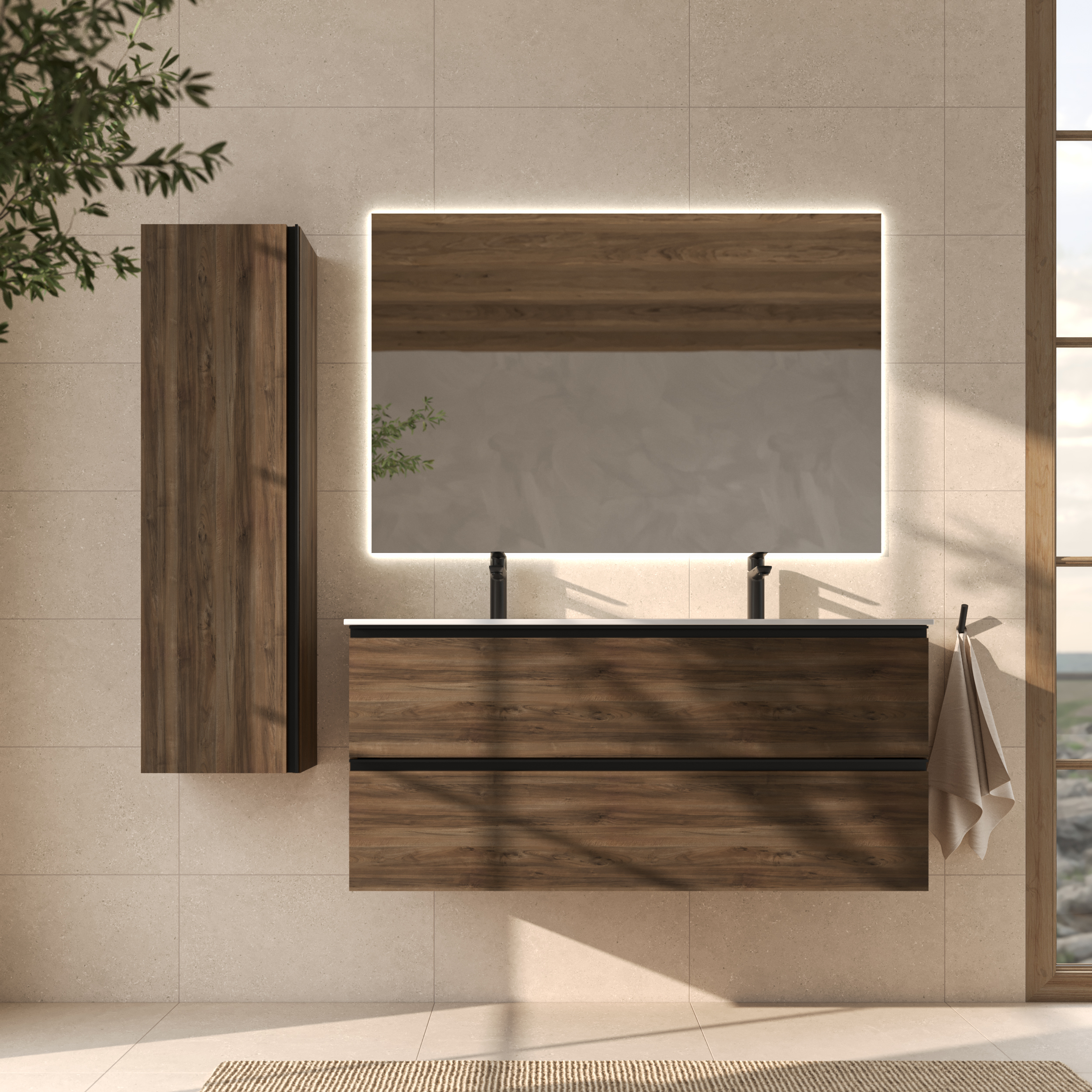 Møbelpakke Dobbelt Servantskap Valnøtt Luna Tre 120 cm med Høyskap, Speil, Servantbatteri & Bunnventil