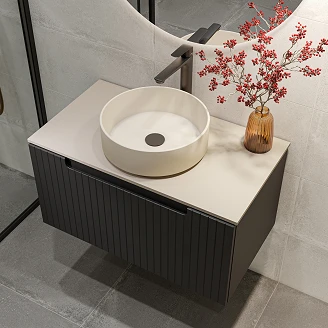 Møbelpakke Servantskap Ribb Svart 80 cm med Beige Benkplate & Servant, Svart Servantbatteri & Bunnventil