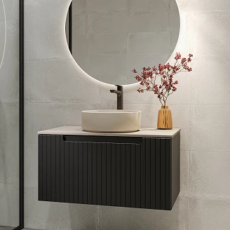 Møbelpakke Servantskap Ribb Svart 80 cm med Beige Benkplate & Servant, Svart Servantbatteri & Bunnventil
