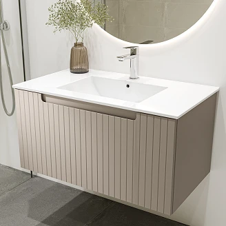 Møbelpakke Servantskap Ribb Beige 80 cm med Krom Servantbatteri & Bunnventil