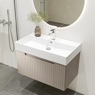 Møbelpakke Servantskap Ribb Beige 80 cm med Butler Servant, Krom Servantbatteri & Bunnventil