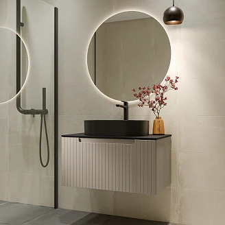 Møbelpakke Servantskap Ribb Beige 80 cm med Svart Benkplate, Servant, Servantbatteri & Bunnventil