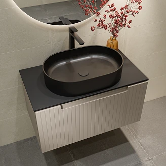 Møbelpakke Servantskap Ribb Beige 80 cm med Svart Benkplate, Servant, Servantbatteri & Bunnventil
