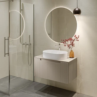 Møbelpakke Servantskap Ribb Beige 80 cm med Benkplate, Servant, Servantbatteri & Bunnventil