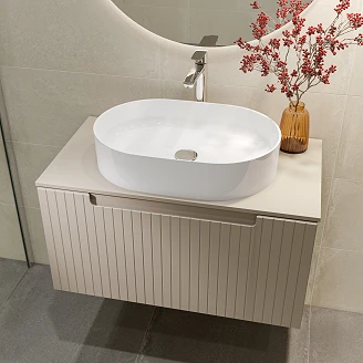 Møbelpakke Servantskap Ribb Beige 80 cm med Benkplate, Servant, Servantbatteri & Bunnventil