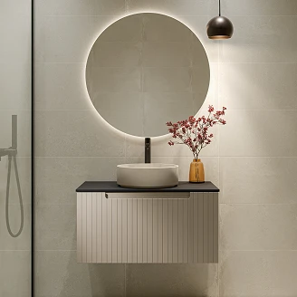 Møbelpakke Servantskap Ribb Beige 80 cm med Beige Servant, Svart Benkplate, Servantbatteri & Bunnventil