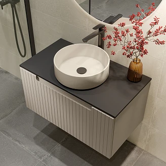 Møbelpakke Servantskap Ribb Beige 80 cm med Beige Servant, Svart Benkplate, Servantbatteri & Bunnventil