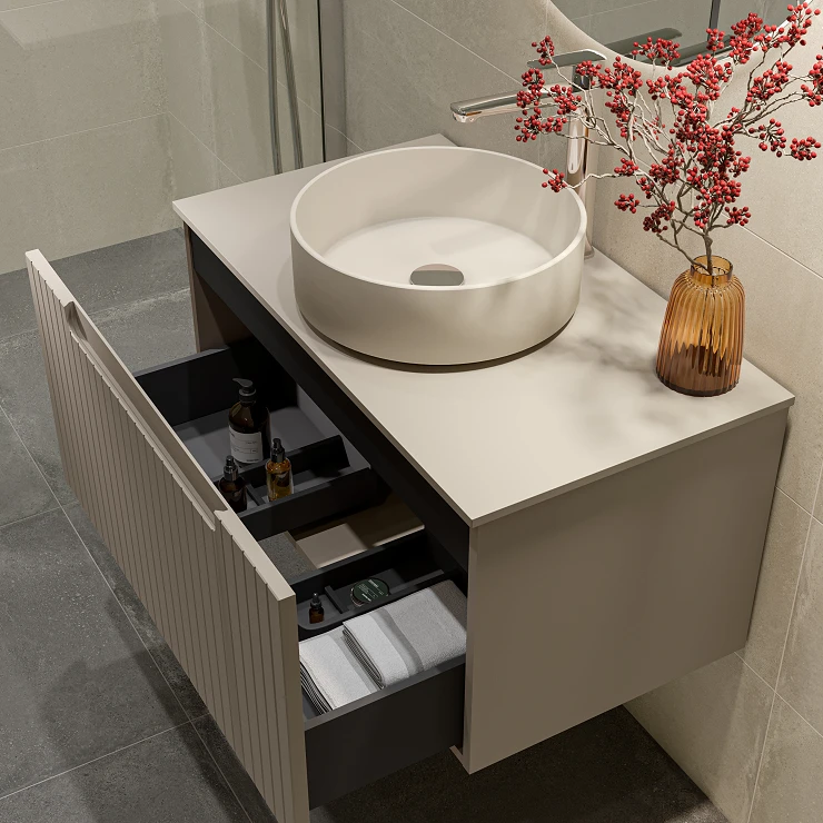 Møbelpakke Servantskap Ribb Beige 80 cm med Beige Benkplate & Servant, Krom Servantbatteri & Bunnventil