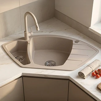 Granitt Hjørnevask <strong>Cornerstone</strong>  Beige Matt 90x54 cm med Vannlås