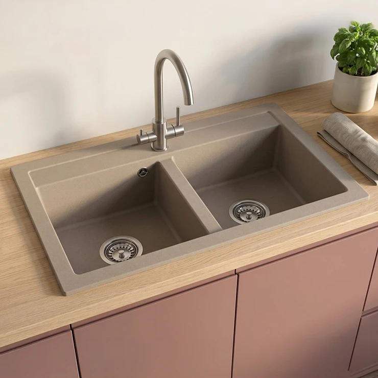 Granitt Dobbel Kjøkkenvask Geoma Beige Matt 75x45 cm med Vannlås