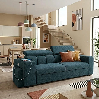 Sovesofa <strong>Skondri</strong>  Boston Oceanblå med Nakkestøtte & USB 251 cm