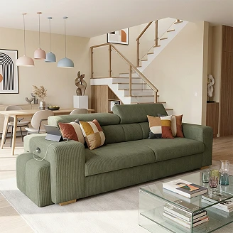 Sovesofa <strong>Skondri</strong>  Lincoln Khakigrønn med Nakkestøtte & USB 251 cm