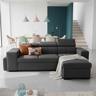 Hjørnesofa <strong>Skondri</strong>  Boston Svart med Nakkestøtte, USB & Oppbevaring 251 cm