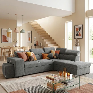 Divansofa <strong>Skondri</strong>  Boston Askegrå med Vendbar, Nakkestøtte & Oppbevaring 267 cm