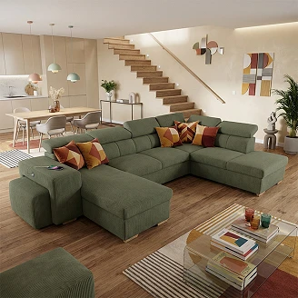 U-sofa <strong>Skondri</strong>  Lincoln Khakigrønn med Nakkestøtte, USB & Oppbevaring 334 cm