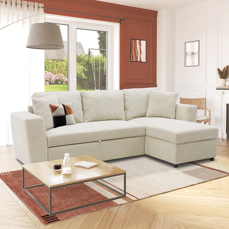 Hjørnesofa Falnex Lincoln Perlegrå med 2 Puter & Oppbevaring 234 cm