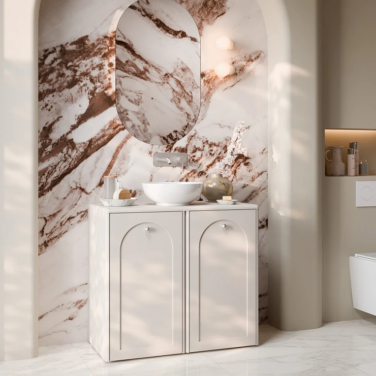 Servantskap Hartley Beige Matt 84 cm med Benkeplate & Håndtak Krom