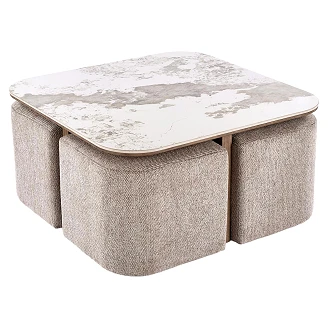 Sofabord med Puffer Kavro Beige Marmor, Valnøtt