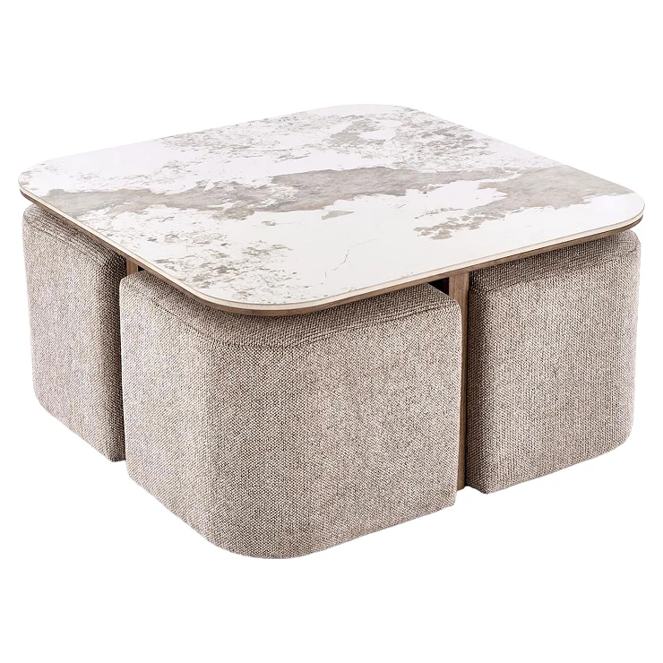 Sofabord med Puffer Kavro Beige Marmor, Valnøtt