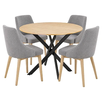 Spisegruppe med Bord Gyllen Eik, Svart Ø100 cm & 4 Stoler Grå, Sonoma Eik Munli
