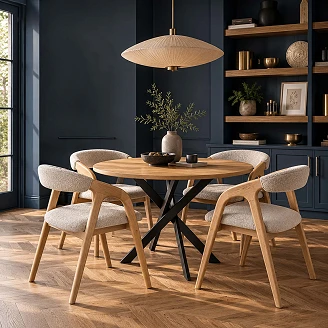 Spisegruppe med Bord Gyllen Eik, Svart Ø100 cm & 4 Stoler Naturlig Eik Munli