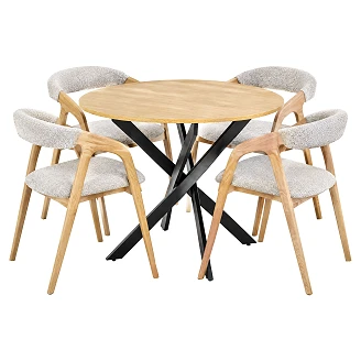 Spisegruppe med Bord Gyllen Eik, Svart Ø100 cm & 4 Stoler Naturlig Eik Munli