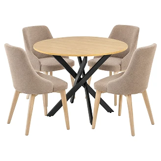 Spisegruppe med Bord Gyllen Eik, Svart Ø100 cm & 4 Stoler Sonoma Eik, Sonoma Eik Munli