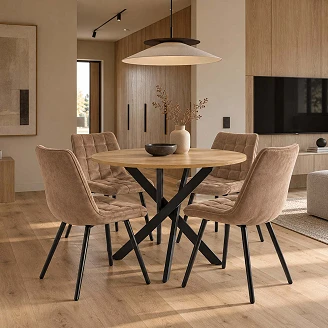 Spisegruppe med Bord Gyllen Eik, Svart Ø100 cm & 4 Cappuccino-Stoler Munli