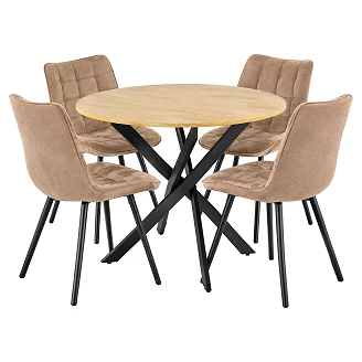 Spisegruppe med Bord Gyllen Eik, Svart Ø100 cm & 4 Cappuccino-Stoler Munli