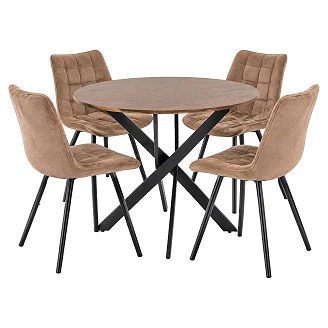 Spisegruppe med Bord Valnøtt, Svart Ø100 cm & 4 Cappuccino-Stoler Munli