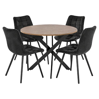 Spisegruppe med Bord Valnøtt, Svart Ø100 cm & 4 Svarte Stoler Munli