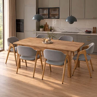 Spisegruppe med Bord Håndverkseik 135x60 cm & 6 Popielat-Stoler Ivex