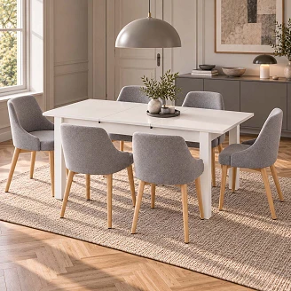 Spisegruppe med Bord Hvit 135x60 cm & 6 Stoler Grå, Sonoma Eik Ivex